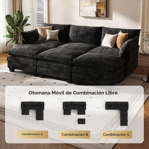 Vista 3 de KKL Sofá Cama Seccional Modular Grande de 91.3", Sofá Cama Convertible en Forma de J/L de 6 Plazas Sofá Nube con Otomana, Sofás Seccionales