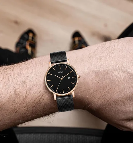 Vista 7 de BUREI - Reloj de pulsera analógico para hombre con fecha, extensible de malla de acero inoxidable