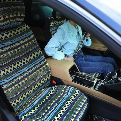 Vista 6 de Frienda 14 piezas de fundas para asientos de coche, juego completo multicolor con estampado de rayas estilo boho, funda para volante, funda
