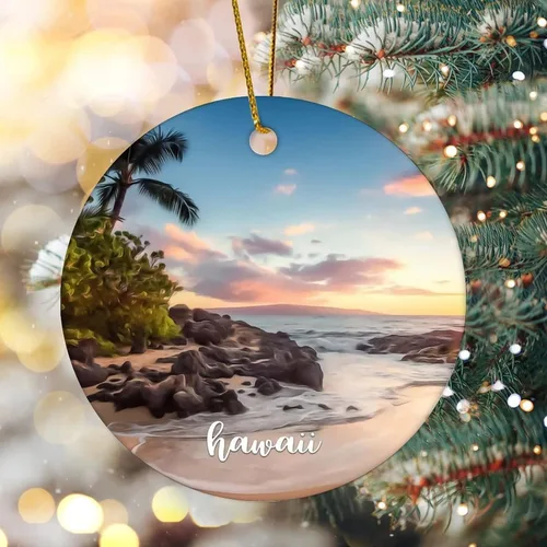 Vista 2 de Hawaii City Scene Building Cityscape Natural Landscape Decorative Ceramic Christmas Ornament for Xmas Tree Hanging Keepsake Holiday Ornaments