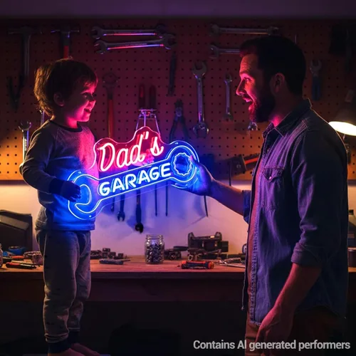 Vista 5 de Letrero de neón de garaje para papá, letrero LED personalizado con forma de llave, decoración de pared retro de mecánico de automóviles, letrero