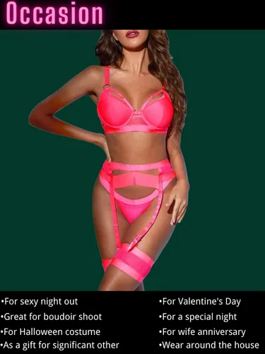 Vista 57 de Kaei&Shi - Lencería con liguero para mujer, conjunto de encaje traslúcido y sexy de 4 piezas combinadas