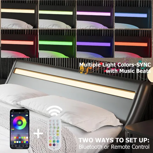 Vista 5 de TTVIEW Base de cama LED de perfil bajo de tamaño matrimonial con cabecera ajustable, moderna plataforma tapizada con soporte de listones de madera