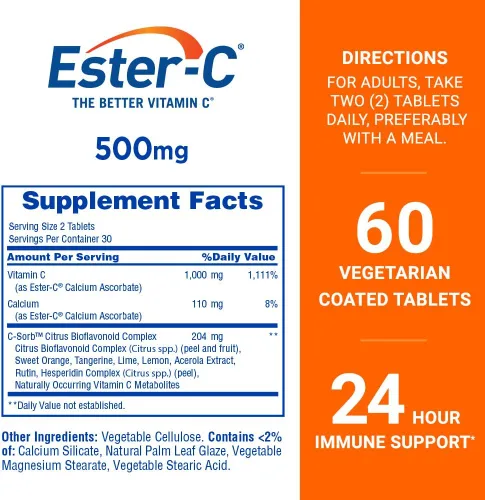 Vista 2 de Ester-C Vitamina C, tabletas de 500 mg, botellas de 60 unidades (paquete de 1)