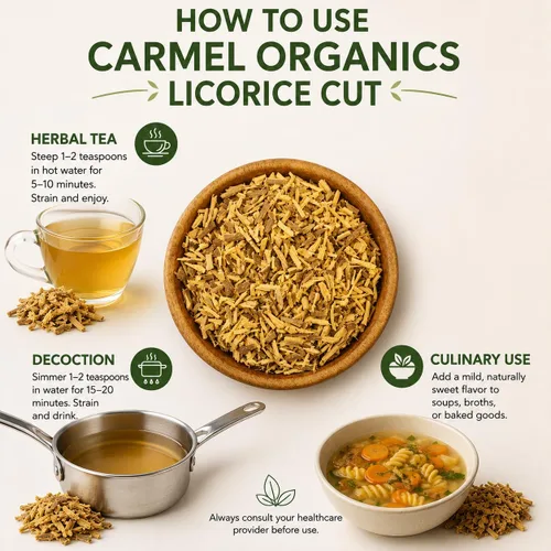 Vista 4 de CARMEL ORGANICS Regaliz (Mulethi) Cortado de raíz de 6 onzas Yashtimadhu indio, Glycyrrhiza Glabra, para la salud, el cuidado de la piel