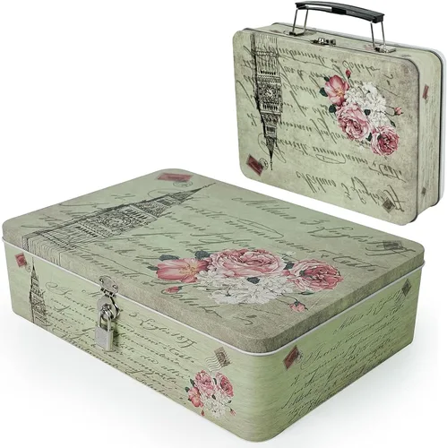 Vista 8 de Luwint Caja de almacenamiento decorativa, 12 pulgadas de largo x 9 pulgadas de ancho, estuche de metal para recuerdo con cerradura y llave y pequeña