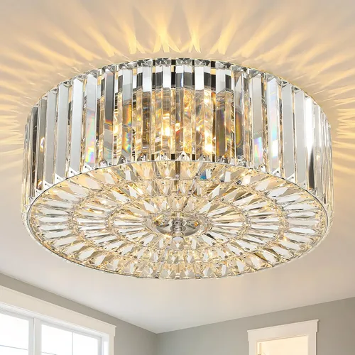Vista 10 de Large Crystal Ceiling Light, 17.5" Black K9 Crystal Flush Mount Ceiling Light, 4-Light Round Luxury Light Fixture for Dining Room, Bedroom, Hotel