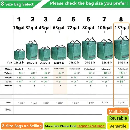Vista 7 de Paquete de 2 bolsas profesionales de jardín de 137 galones, grandes (D34, H34 pulgadas) con guantes de jardinería, bolsa de hojas grandes, residuos