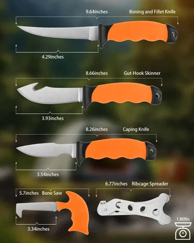 Vista 13 de Game Processor - Juego de cuchillos de caza de 7 piezas Cuchillos de capado y deshuesado, cuchillo desollador con gancho para vísceras, sierra