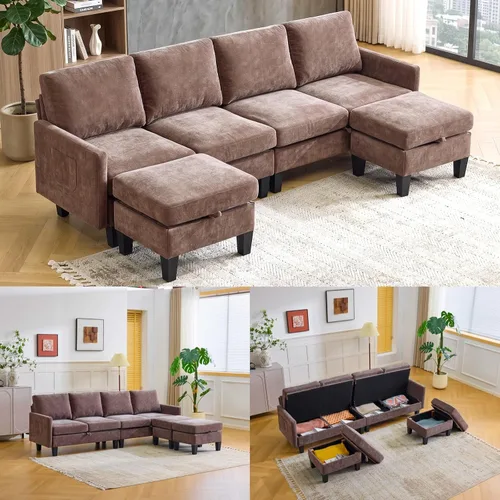 Vista 20 de VINGLI Sofá modular de 110 pulgadas para sala de estar, sofá en forma de U con diván doble, juego de sofá de 4 asientos con tela de felpilla
