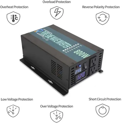 Vista 4 de WZRELB Pantalla LED duradera de potencia completa completa 800W Inversor solar de onda sinusoidal pura 12Vdc a 120Vac, (RBP80012B1)