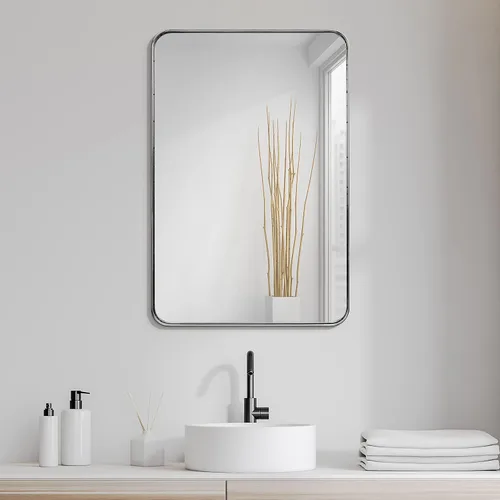 Vista 23 de Empire Art Direct Espejo de pared rectangular de acero inoxidable dorado ultra cepillado, espejo para baño, dormitorio, sala de estar, listo