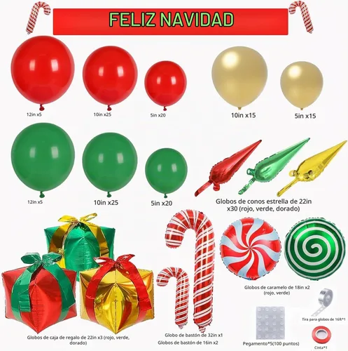 Vista 6 de Kit de arco de globos de Navidad de 171 piezas, globos rojos, verdes y dorados, globos de caja de regalo de caramelos, globos de papel de aluminio