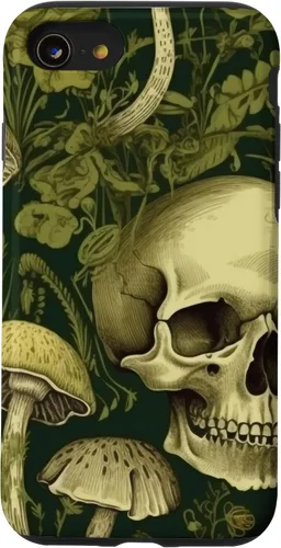 Vista 18 de iPhone 16 Skull Pattern Olive Green Mushroom Case