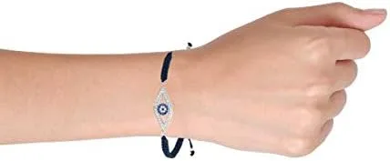 Vista 5 de Bling Jewelry Pulsera de cordón trenzado negro de ojo turco para mujer, circonita cúbica, plata de ley 925, ajustable, Gema Metal, Circonita cúbica