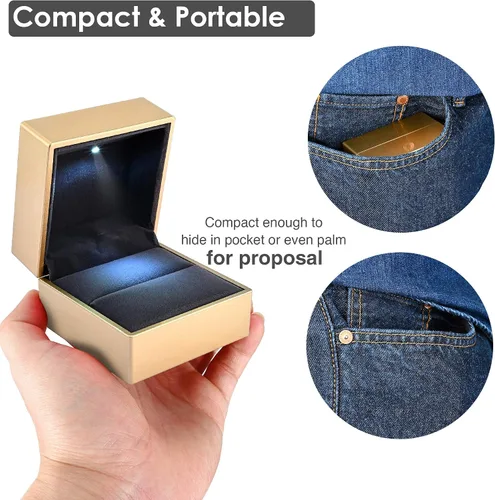 Vista 6 de Yeshom Caja de anillo LED para joyería, propuesta de compromiso de boda, anillo de oído iluminado, estuche colgante dorado