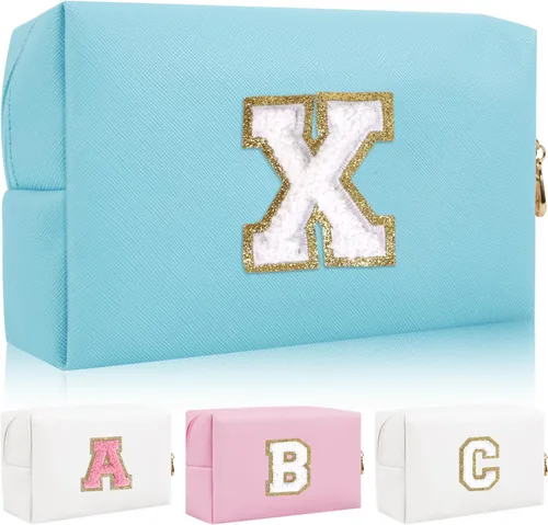Vista 39 de Bolsa de maquillaje con parche de letra inicial personalizada, bolsa de cosméticos de chenilla preppy con letra de chenilla con cremallera, Y