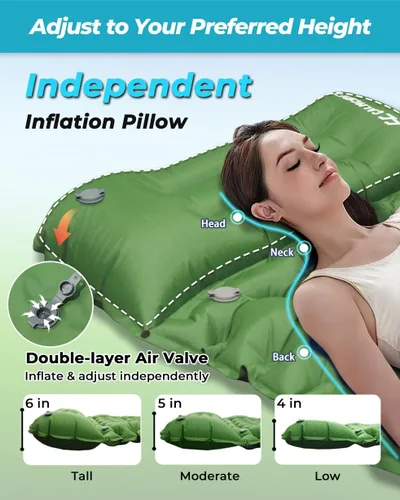 Vista 2 de Colchoneta de dormir inflable de 4 pulgadas de grosor con almohada ajustable y bomba de pie integrada, colchón de aire ligero para acampar con Verde