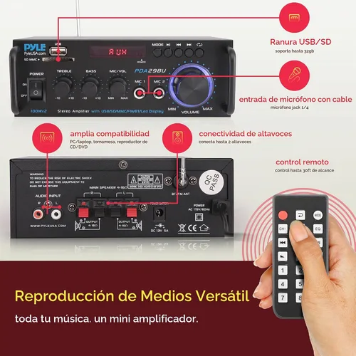 Vista 6 de Pyle Amplificador de potencia estéreo Bluetooth inalámbrico de 200 W, receptor de audio de doble canal con RCA, USB, SD, entrada de micrófono, radio