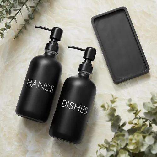 Vista 6 de Juego de dispensador de jabón negro para platos y manos, dispensador de jabón de cocina de vidrio con bandeja y bomba de acero inoxidable