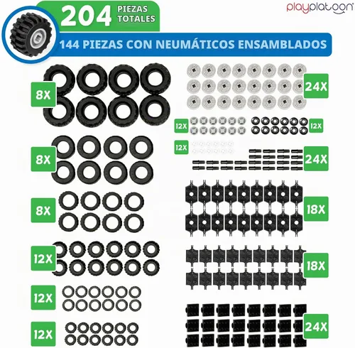 Vista 2 de Play Platoon Juego de ruedas, neumáticos y ejes de 144 piezas, compatible Juego de ruedas y ejes de 144 piezas
