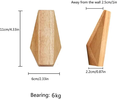 Vista 2 de Ganchos de pared de madera, paquete de 6 ganchos montados de madera rústica resistente para bata, perchero para sombreros, para colgar toallas