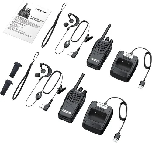 Vista 8 de Proster Walkie Talkies recargables, 1 par, radios bidireccionales de largo alcance de 16 canales con cargador USB, micrófono de auricular