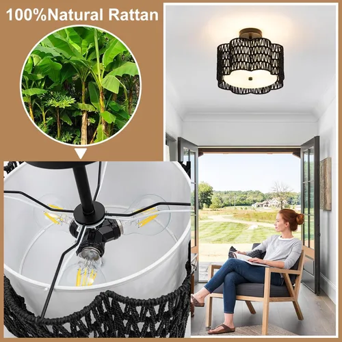 Vista 6 de ✿ Lámpara de Techo de Ratán Tejido a Mano de 13.8" con 3 Luces Montaje Empotrado Boho Negro para Dormitorio Pequeño y Guardería, Luz de Techo