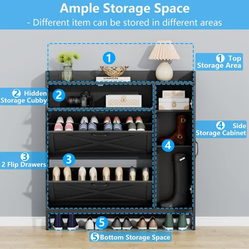 Vista 3 de Auromie - Organizador de zapatos independiente con 2 cajones abatibles y gabinete lateral, almacenamiento estrecho de zapatos para entrada con Negro