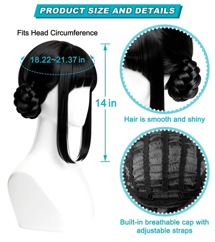 Vista 2 de Peluca negra con moño y flequillo para niños, peluca de cosplay de Negro oscuro