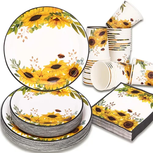 Vista 8 de Juego de 350 platos de papel floral, platos desechables con borde dorado para 50 invitados, suministros de fiesta para adultos, jardín, fiesta