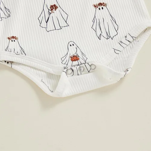 Vista 5 de Mandizy Ropa de bebé de Halloween para niña, conjunto de falda con tirantes de calabaza, fantasma, manga larga, mameluco de pana, vestido de overol