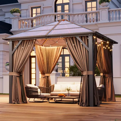 Vista 3 de Aoxun 10'x10' Outdoor Gazebo with Polycarbonate Roof Khaki Single Roof Caqui
