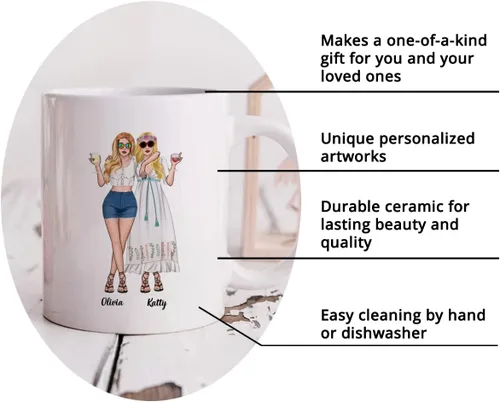 Vista 7 de Gossby Taza personalizada (2 mujeres) Besties Forever Best Friend Regalos de amistad para mujeres, niñas, hermana, taza de café