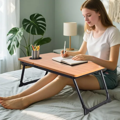 Vista 4 de Mesa de cama ajustable para laptop con soporte para libros, escritorio portátil de lectura con panel lateral, grano de madera