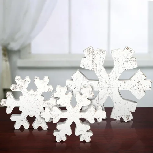 Vista 11 de Bucherry 3 Piezas Decoración de Copos de Nieve de Madera de Invierno Letreros de Mesa de Copos de Nieve de Invierno Rústicos Bloques de Madera