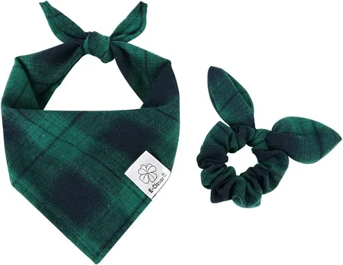 Vista 10 de E-Clover Bandana de Perro a Cuadros Marrón y Scrunchie a Juego - Bandana de Perro de Otoño Triangular a Cuadros Bufanda Babero para Mascotas