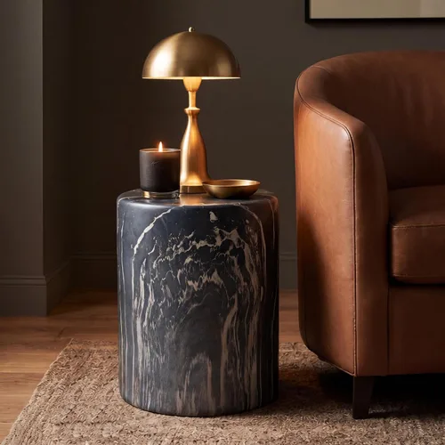 Vista 2 de JONATHAN Y Troy 17" Modern Faux Marble Cylinder Accent Table, Black Marble Minimalist Round Column Pedestal, Polyresin Drum End Table, Spill-Proof