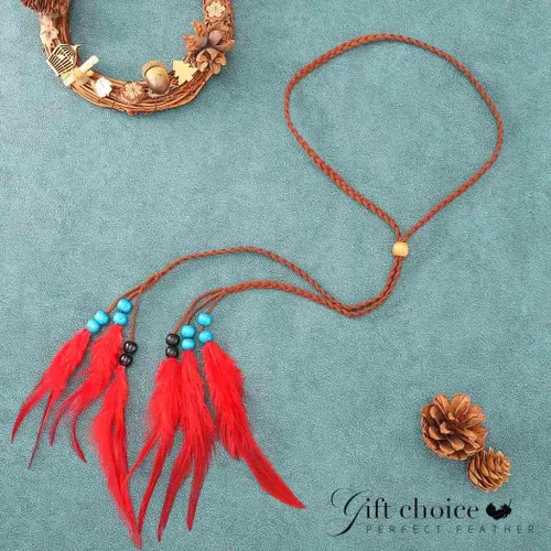 Vista 2 de GORTIN Diadema de plumas bohemias, diadema de plumas indias rojas, diadema gitana, diadema hippie, festival, fiesta, disfraz, diadema, festival