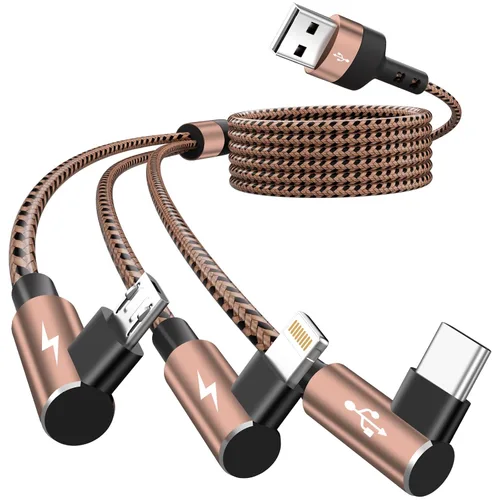 Vista 22 de Cargador de teléfono de 90 grados, cable de carga múltiple 4 en 2, cable USB C CarPlay con doble tipo C, micro USB, puerto IP, cable USBC de nailon