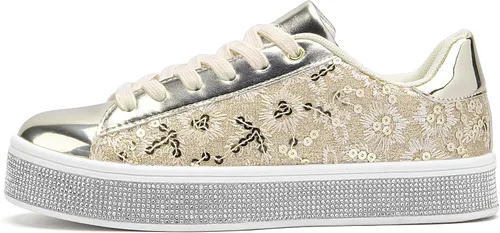 Vista 2 de UUBARIS Tenis con purpurina para mujer, diseño floral, elegante, con diamantes de imitación, para boda, novia, zapatos de lentejuelas brillantes