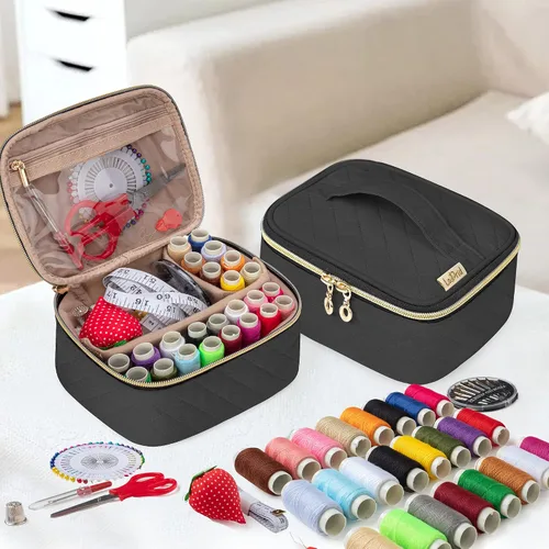 Vista 7 de LoDrid Kit de costura, bolsa de franela portátil con suministros completos de costura para viajes y hogar, kit de reparación de costura herramientas