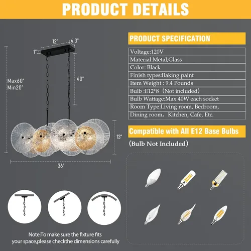 Vista 5 de LIGHTDAMY Candelabros de cristal negro para lámparas de comedor sobre la mesa Iluminación de isla de cocina de 8 luces con cubierta de vidrio
