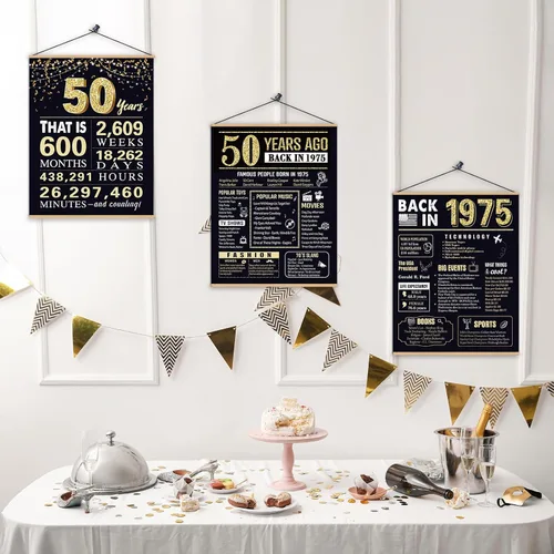 Vista 4 de Regalos de cumpleaños número 50 para hombres, decoraciones de cumpleaños de 1975, 3 piezas de 11 x 14 pulgadas, carteles de "Back in 1975" Hace 50