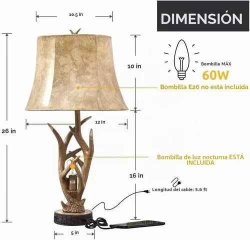 Vista 6 de Dungoo Juego de 2 lámparas de mesa rústicas de ciervo occidental con luz nocturna, lámparas de noche rústicas de 26 pulgadas para dormitorio con 2