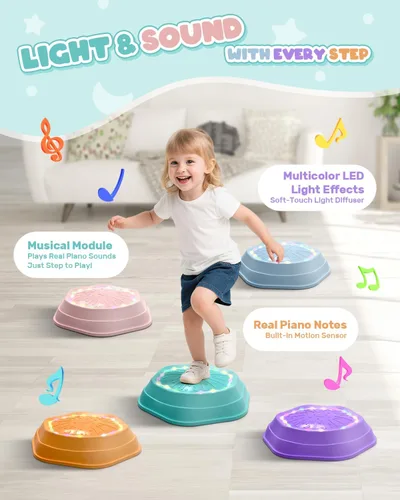 Vista 2 de Holyton Piedras iluminadas para niños, paquete de 5 juguetes de equilibrio sensorial musical con baterías recargables, piedras antideslizantes