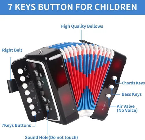 Vista 3 de Horse - Acordeón para niños, control de 10 teclas, acordeones musicales para niños, niños principiantes, ligero, 7 teclas, 3 bajos, mini acordeón