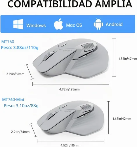 Vista 8 de Rapoo MT760Mini Ratón Inalámbrico Bluetooth - Bluetooth 5.0 y 2.4GHz Conexión Multi-Modo, Compatible con 4 Dispositivos, Tecnología M+ Cross Gris