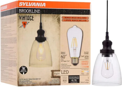 Vista 5 de Sylvania Vintage Hudson - Lámpara colgante antigua con 1 bombilla LED A19 de 8.5 W incluida, 800 lúmenes, negro antiguo, regulable (60053)