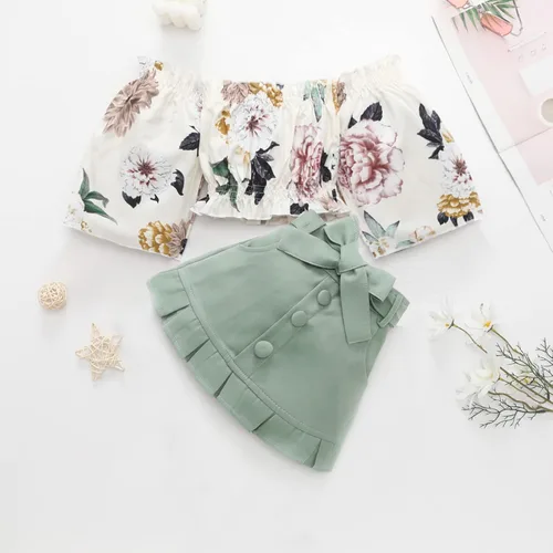 Vista 2 de Conjunto de ropa de 2 piezas con falda para bebés y niñas pequeñas, 1T, 2T, 3T, 4T, 5T, 6T, estampado floral, hombros descubiertos y faldas